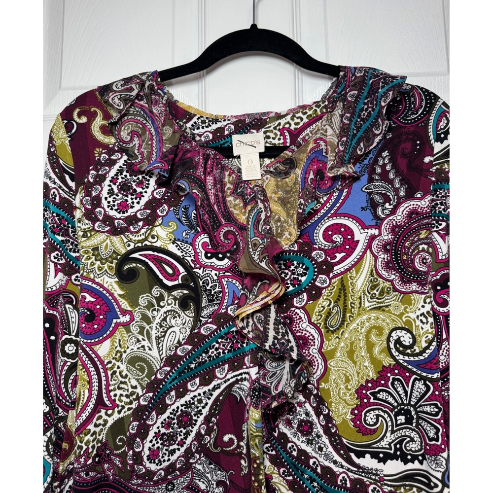 Chico's Sublime Paisley Ruffle V-Neck Blouse Long‎ Sleeve Boho Top 0 Small - Picture 3 of 12